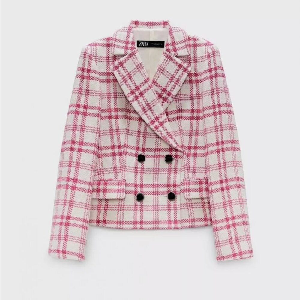 ZARA Textured Plaid Blazer Jacket Coat Pink White Double Breast Size M NWT - Picture 2 of 8